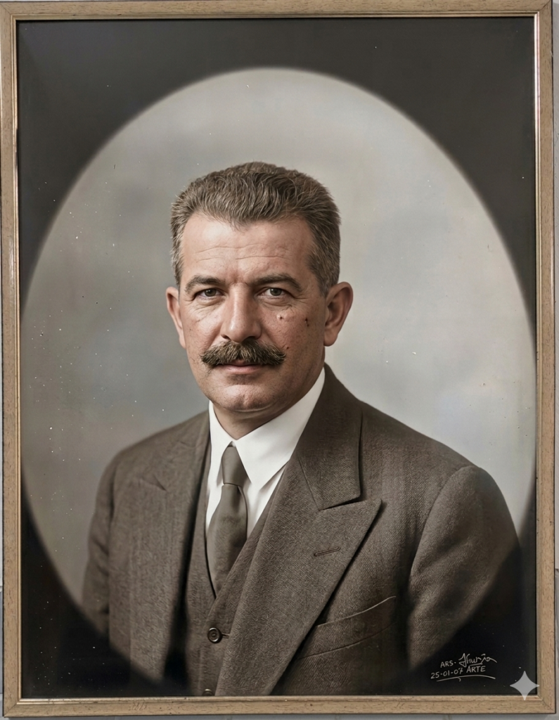 Retrato reconstituído do Dr. Olinto Victor, primeiro presidente efetivo da A.P.E. A obra foi gerada a partir do desenho original preservado e cedido gentilmente pelo Gestor Diogo Barros, da Escola de Referência em Ensino Médio (EREM) Olinto Victor.